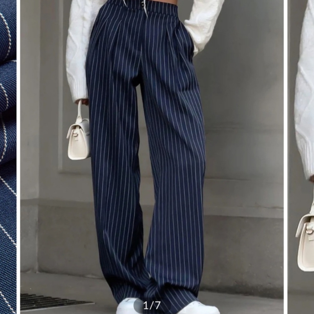Commense Navy Pinstripe Pleated Wide-Leg Pants